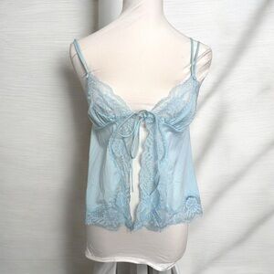 Vintage Baby Blue Lace Lingerie Top tie up fairy coquette cottagecore S